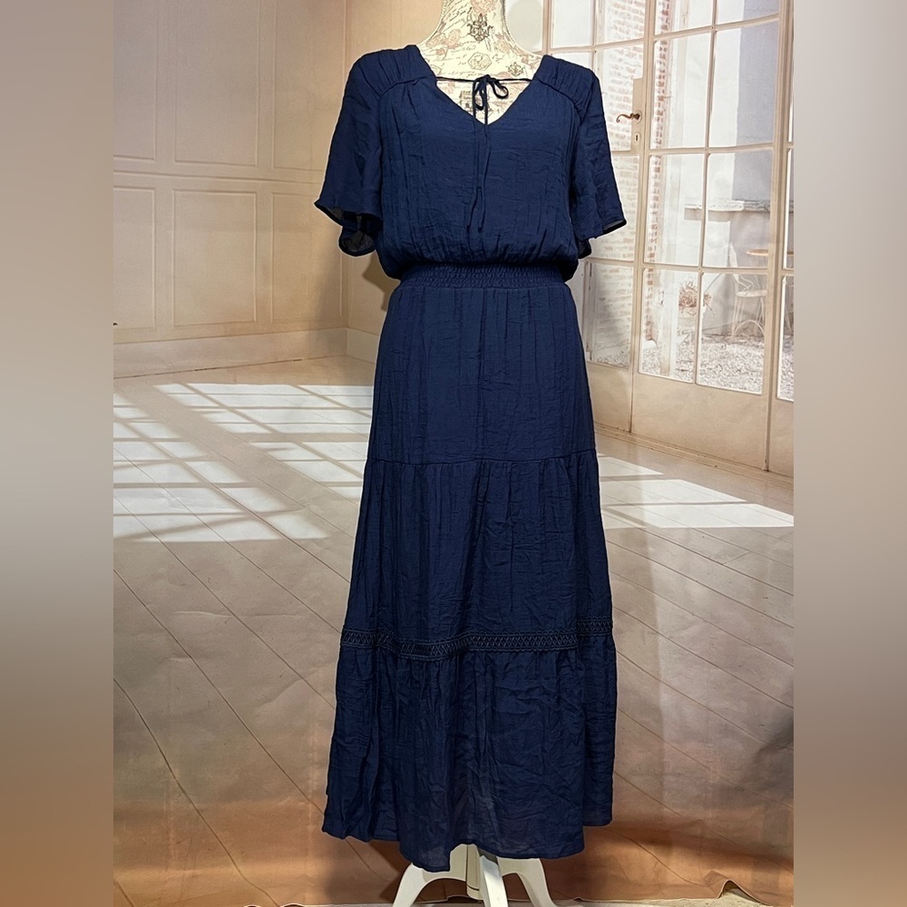 Luxology Dress Women's Medium Blue Maxi Dress Short Sleeve Size M. - Picture 5 of 13